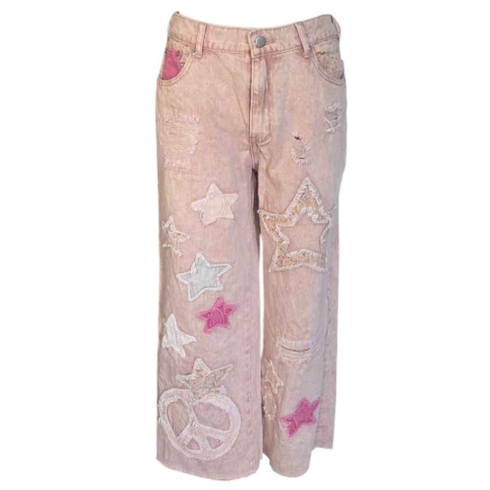 Oli & Hali Pink Denim Wide Leg Jeans Patchwork Peace Sign Star Distressed Boho L